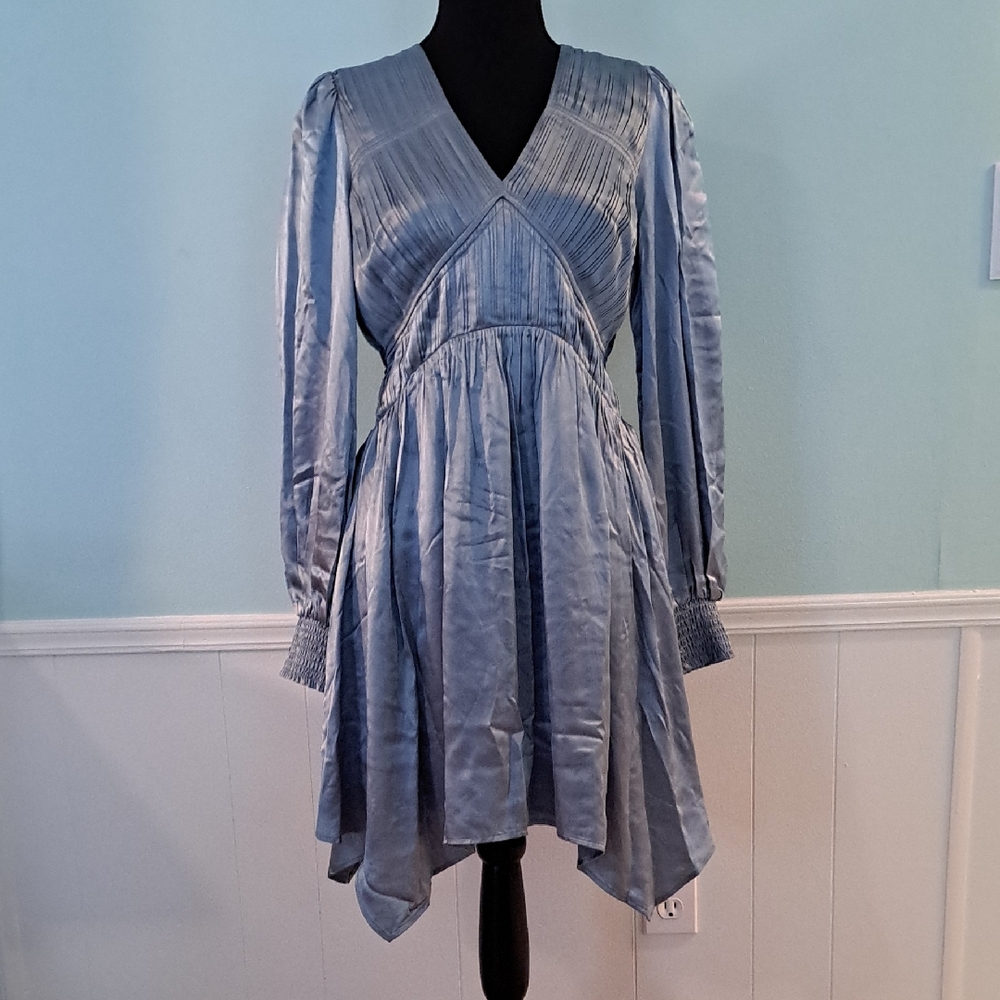 ALL SAINTS Stunning BlueSlate Mini Dress, Long Sleeve, Handkerchief Hem, Size 6